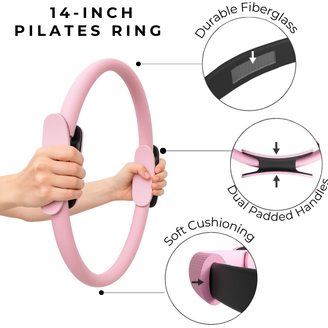 MOAV Premium Pilates Essentials Kit - 14" Ring with Cushioned Handles, Mini Ball with Pump, & 3 Durable Fabric Resistance Bands for Full Body Home Workouts (Rosè)