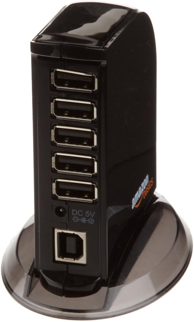 Amazon Basics 7 2.0 5V/4A Port USB Hub Tower with Power Adapter, Plug and Play, Charging Ports, Black