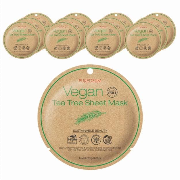 Purederm Vegan Tea Tree Sheet Masks (12 Packs) ??Facial Sheet Mask for Calming & Trouble Reducing Treatment