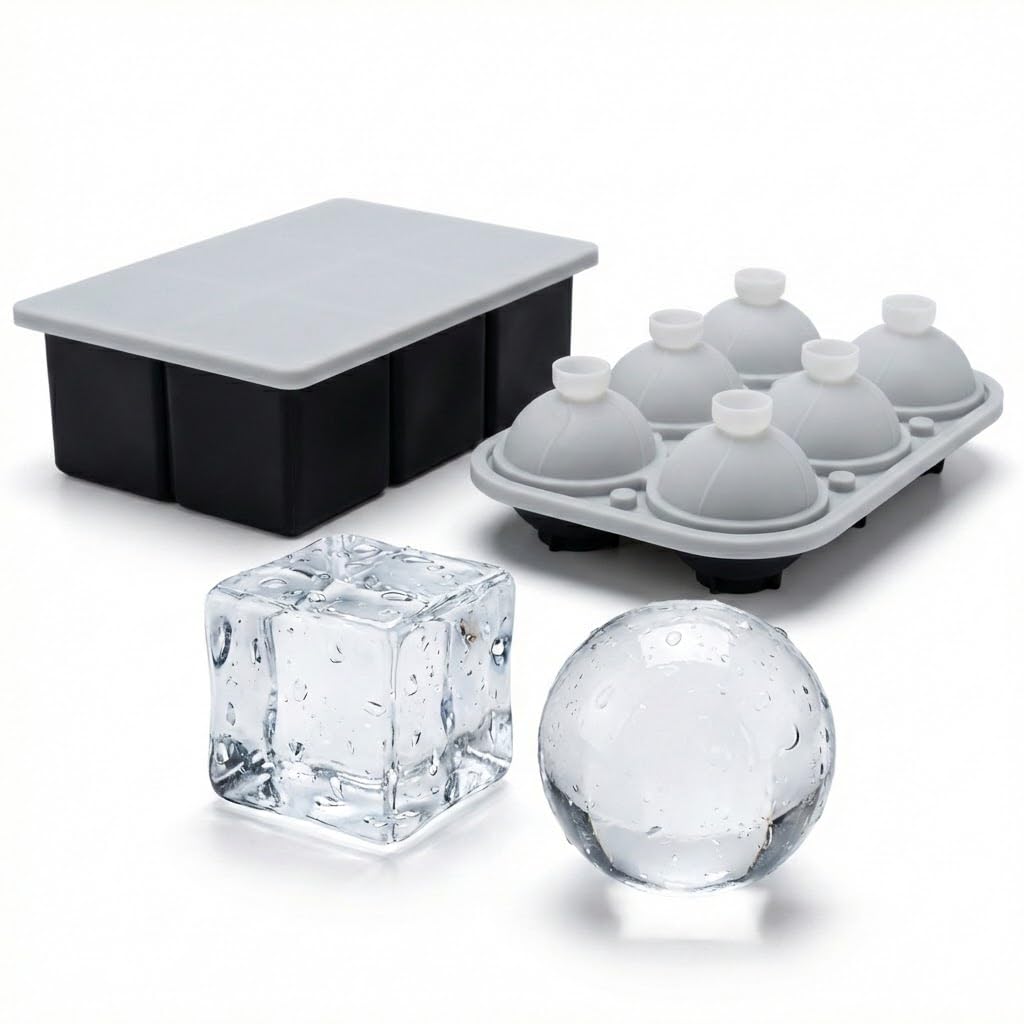 Cherim Large Ice Cube & Sphere Mold Set – 6 Whiskey Ice Cubes (2.2") + 6 Ice Spheres (2.4"), Silicone Ice Tray for Bourbon, Cocktails, Slow Melting, Easy Release, BPA-Free