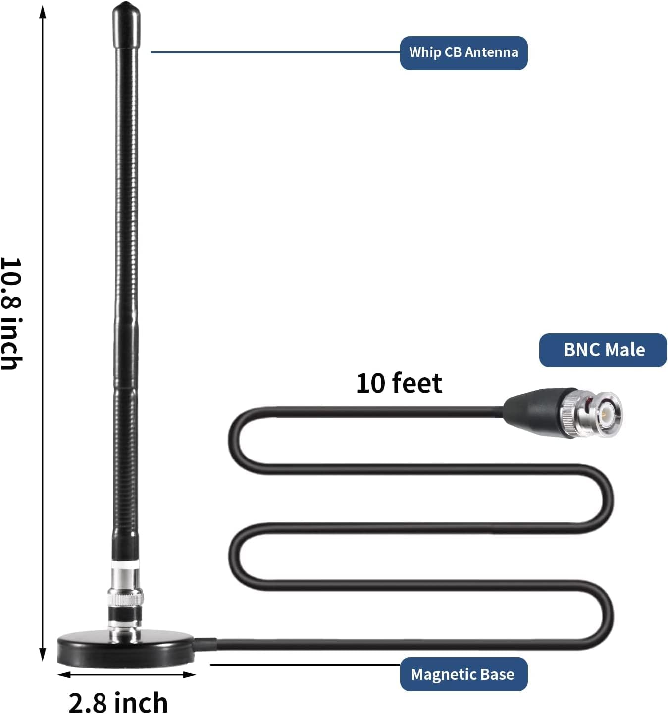 eifagur 27MHz PL-259 Long Range Soft Whip Magnetic Base CB Radio Antenna with BNC Male Connector for Cobra Midland