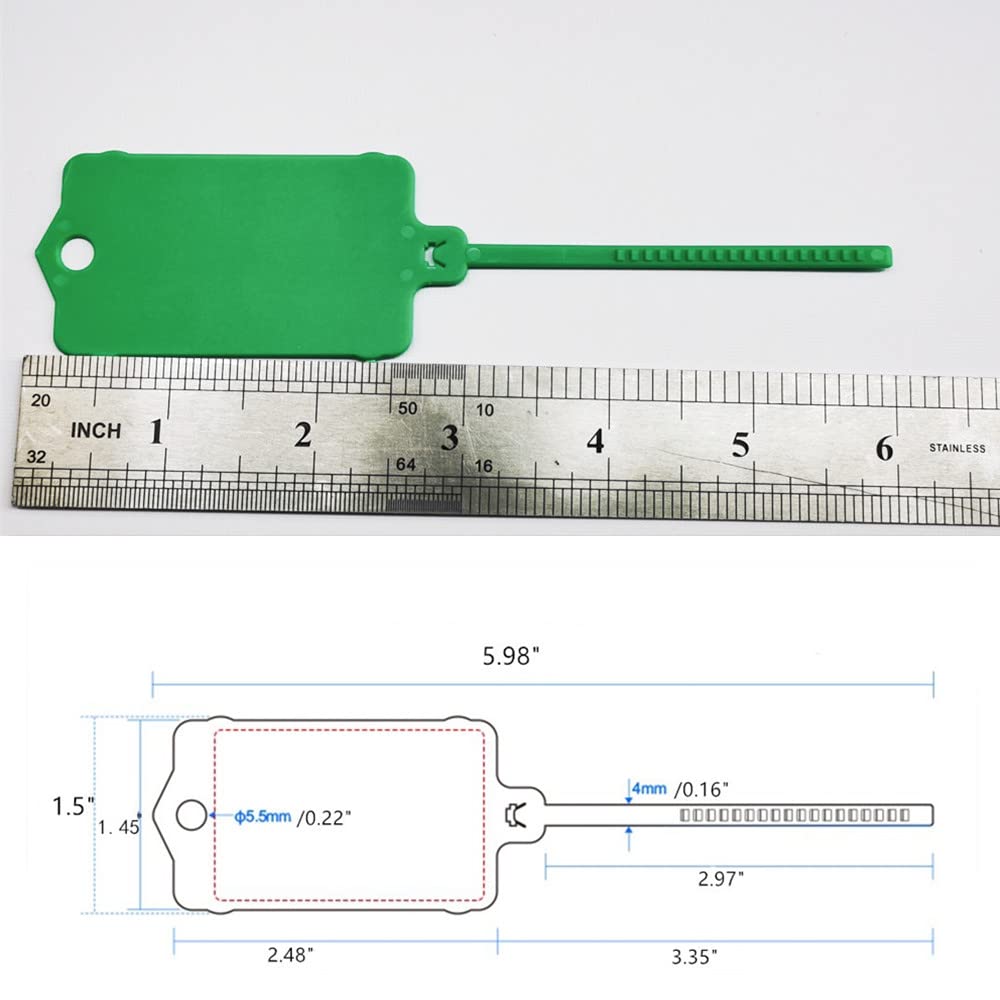 100pcs Reusable Blank Plastic Tags Ties Key Tags 1.45"*2.48" Serrated Tension Sealing Strap with Large Label Plastic Tie Mark Label Waterproof Hang Sign Write on Tag (Green, 100pcs)