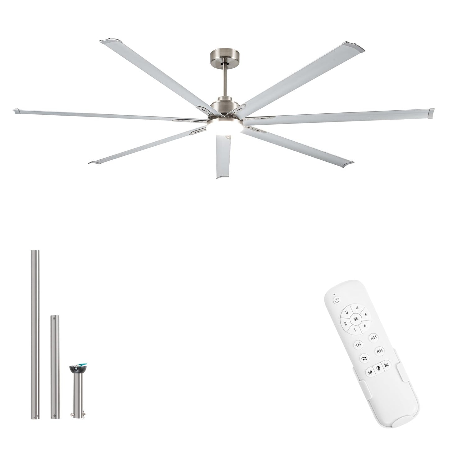 Minislak 96 Inch Industrial Ceiling Fans with Light,Brushed Nickel HVLS Ceiling Fan with 6 Speeds Reversible Motor,High CFM Indoor/Outdoor Ceiling Fan with 7 Aluminum Blades for Barn shop,Commercial