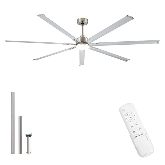 Minislak 96 Inch Industrial Ceiling Fans with Light,Brushed Nickel HVLS Ceiling Fan with 6 Speeds Reversible Motor,High CFM Indoor/Outdoor Ceiling Fan with 7 Aluminum Blades for Barn shop,Commercial