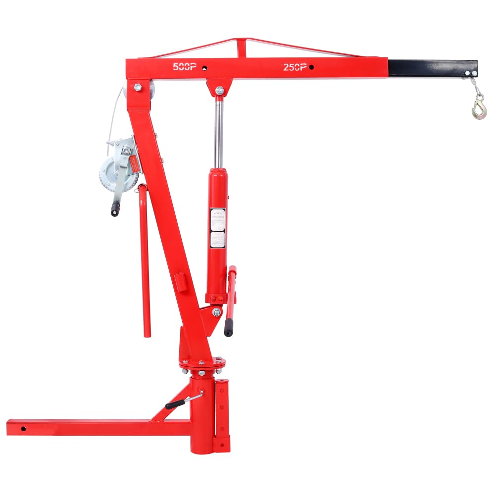 Truck Bed Crane with Hitch Mount Lift, 500Lb Hydraulic Pickup Truck Hitch Crane, 2" Receiver Engine Hoist, Foldable Red Jib Lifting System for Loading Dock PWC Trailer, Professional Shop Tool
