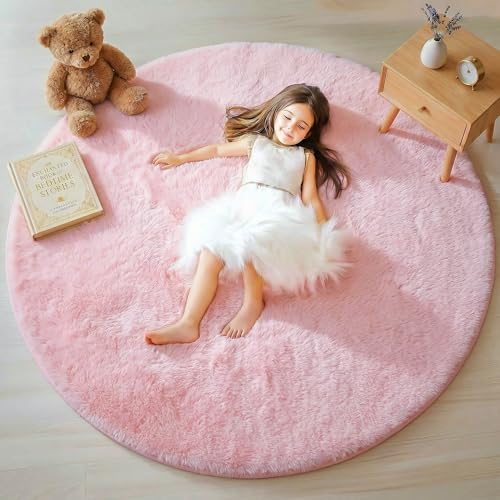 ONASAR Light Pink Fluffy Round Rugs 4ft for Girls Bedroom, Circle Area Rug for Kids Teen, Soft Plush Shaggy Circular Carpet for Nursery Dorm Classroom Playroom Living Room Home Decor Aesthetic