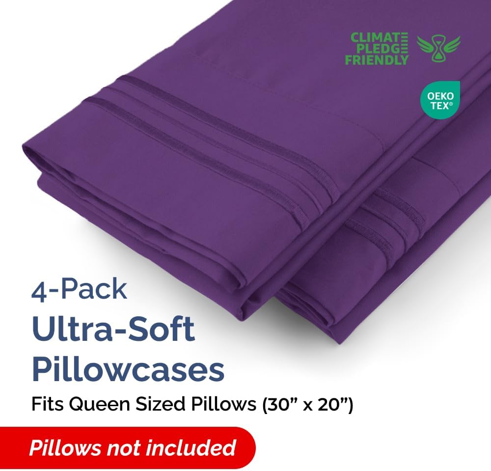 Queen Pillow Cases by [Brand Name] - Ultra Soft Hotel Quality, Wrinkle-Free & Fade Resistant - 4 Piece Set in Purple
