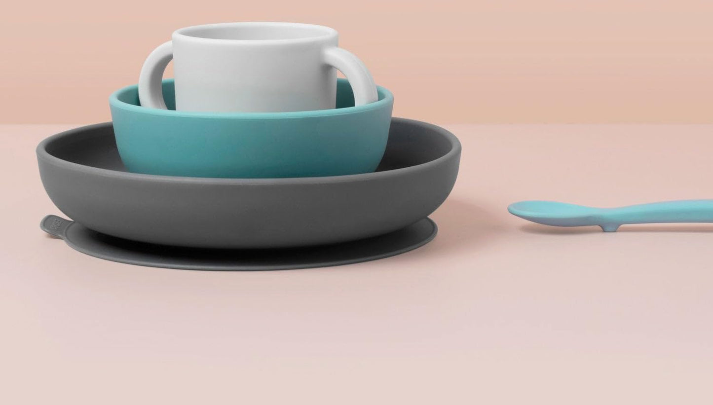 EKOBO Silicone Baby Meal Set – Lagoon, 4‑Piece Baby Feeding Essentials, Suction Toddler Plates and Bowls Set, Two‑Handle Cup, Soft‑Tip Spoon, Microwave, Oven & Freezer Safe, BPA‑Free