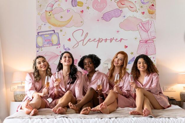 Mocsicka Sleepover Party Backdrop Slumber Party Supplies for Girls Pink Pajamas Girls Night Decorations Sleepover Spa