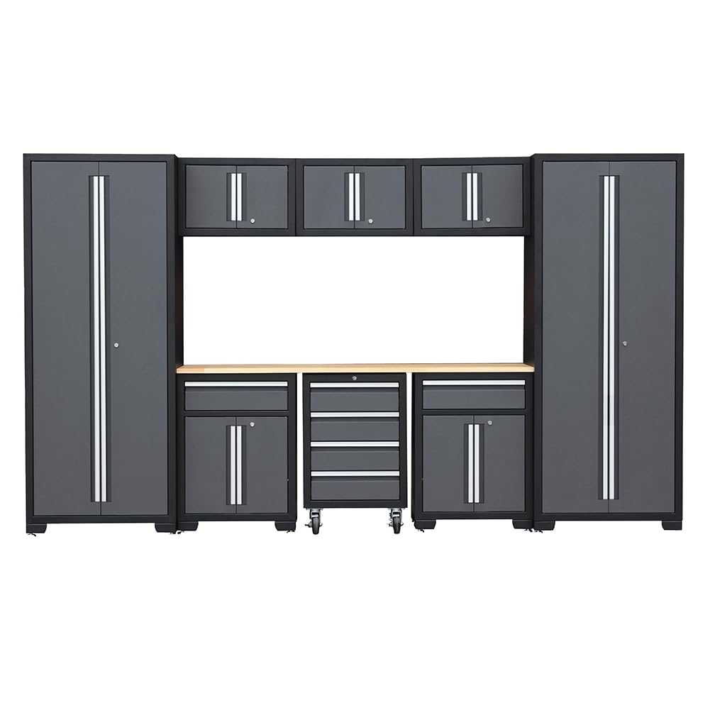 HPDMC 9-Piece Steel Garage Storage Cabinet System with Wooden Work Top, 130 in. L x 18 in. D x 76 in. H Assembled Workshop Chest Cabinet Set in Charcoal Gray