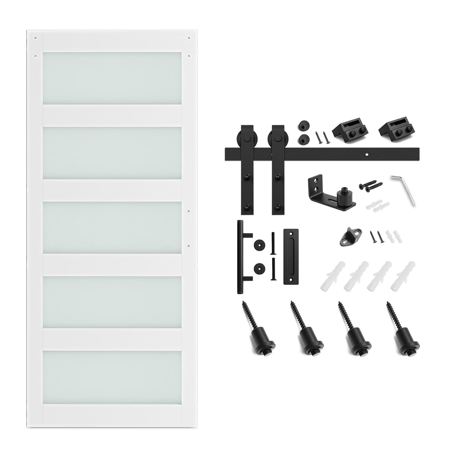 SmartStandard 34 x 84 in Glass Barn Door with 6FT Sliding Hardware Kit & Handle, Pre-Drilled Ready to Assemble, Waterproof PVC Coating, White, 5-Panel Glass
