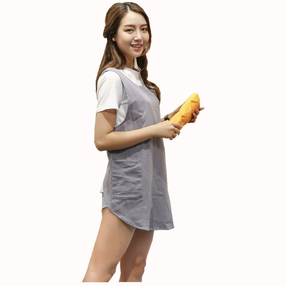 Shortened Design Apron, Japanese Style Soft Cotton Linen Apron with Two Side Pockets, X Cross Halter Aprons, Kitchen Cooking Clothes Gift for Women DIY Project, Crafting, Cooking, Baking(Light Gray)