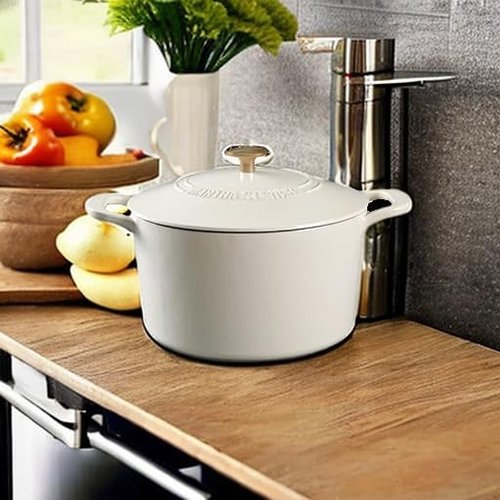 Martha Stewart Gatwick 7-Quart Enamel Cast Iron Dutch Oven - Linen White with Gold | Durable for Slow Cooking & Baking
