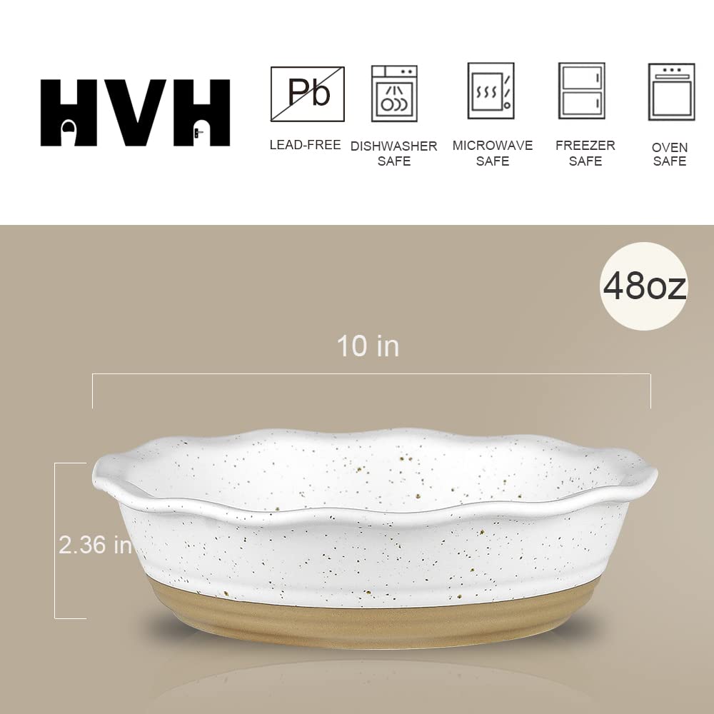 HVH 10 inch Pie Pan for Baking, Ceramic Pie Dish, Deep Dish Pie Plate for Dessert Kitchen, Deep Dish Pie Pan with Fluted Edge, Set of 2, Farmhouse Style (White)