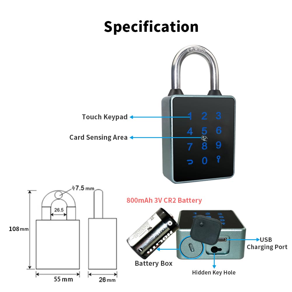 Combination Smart Padlock with Key Backup, Bluetooth Touchscreen Keypad Electronic Padlock App Controlled, Waterproof, 7.5mm Schackle Suitable for Gate Gym Warehouse Suitcase School Fence