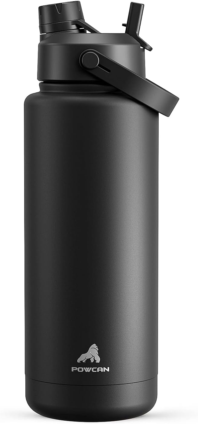 POWCAN 40 Oz Insulated Water Bottle - 2-in-1 Straw & Spout Lid | Keeps Drinks Cold 24H, Leak-Proof, BPA-Free (Dark Knight)