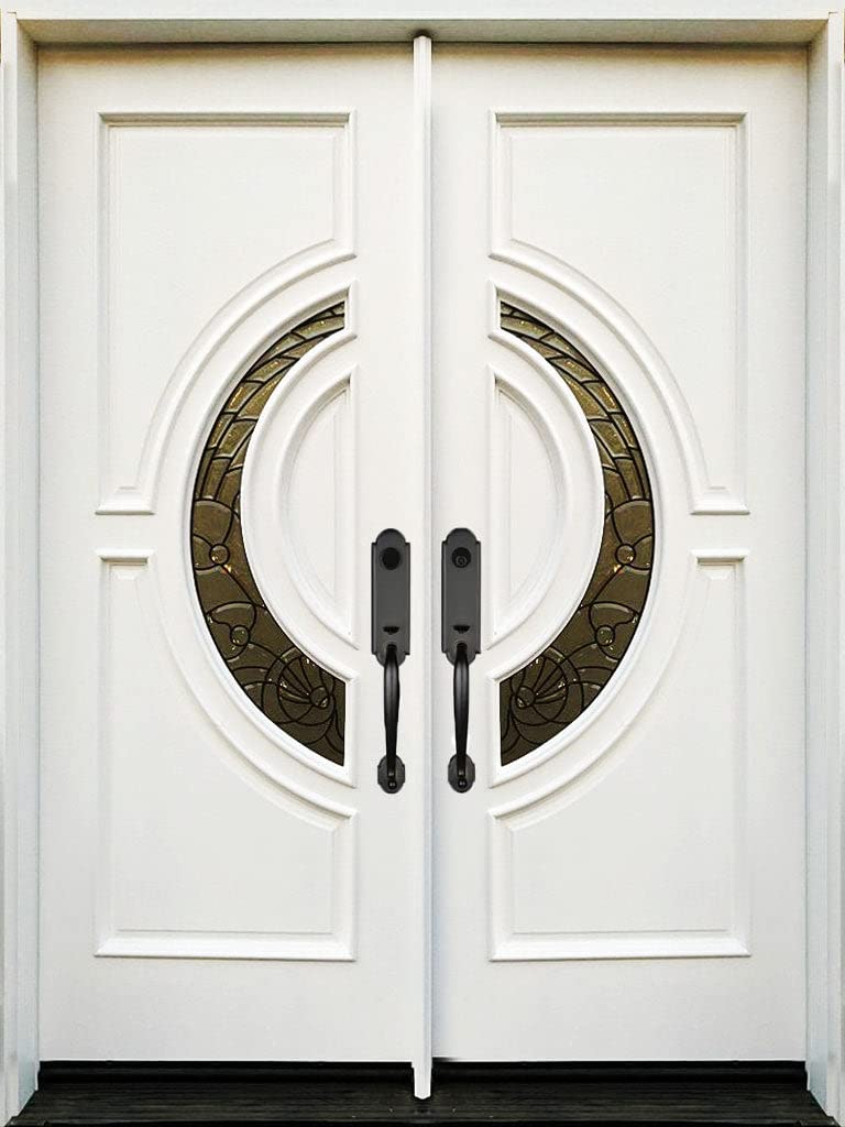 BGW Doors - Exterior Wood Door with Crescent Glass White Pre-Hung Pre-Finished Entry Double Door M580E-WT- Lefthand Swing 36x96