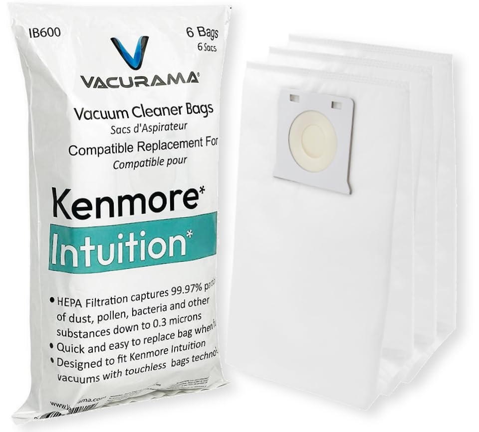 Vacurama Premium IB600 HEPA Vacuum Bags Compatible for Hypoallergenic Kenmore Intuition Upright BU4022, BU4020, BU4018, BU4050, BU3040, Vacmaster 521355, Tear-Resistant Non-Woven Cloth Material - 6 Pk
