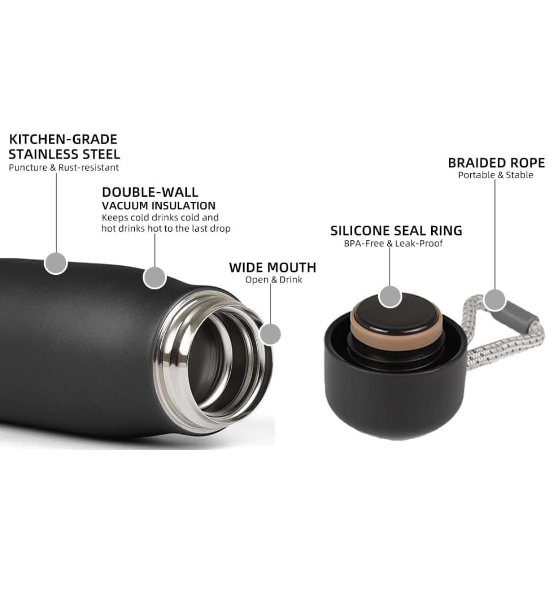 Dusgut Water Bottle with Portable Lid Metal Thermos Vacuum Insulated Stainless Steel | Reusable Leak Proof BPA-Free Flask | 17oz, Black