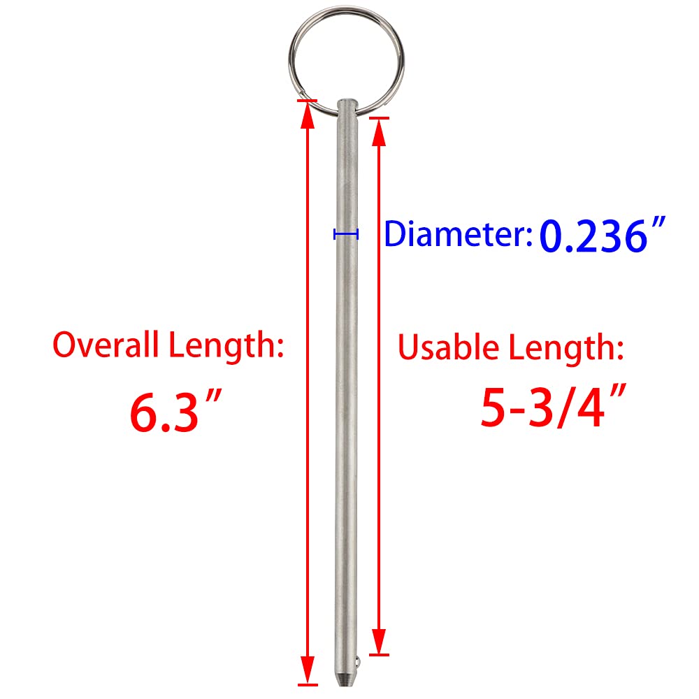 4 Pcs Quick Release Long Pin, Diameter 0.236"(6mm), Usable Length 5-3/4"(146mm), Overall Length 6.3"(160mm), Full 316 Stainless Steel, Marine Hardware