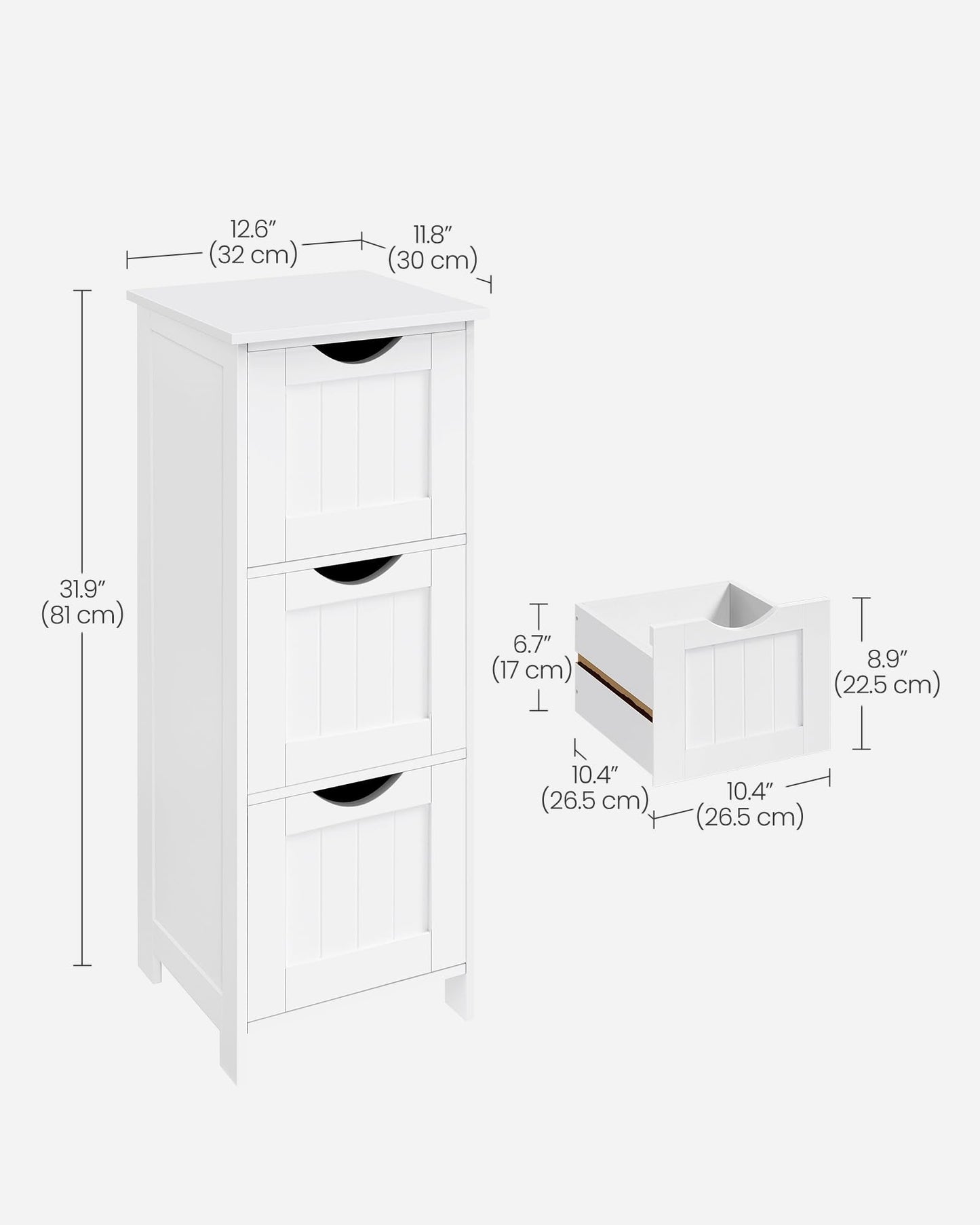 VASAGLE Floor Storage Cabinet, Freestanding Storage Unit with 3 Drawers, 11.8 x 12.6 x 31.9 Inches, for Bathroom, Living Room, Kitchen, Modern Style, Matte White UBBC050WH01S