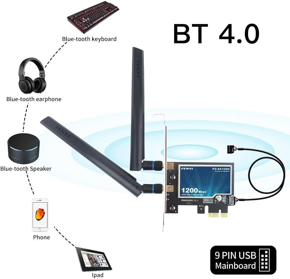 F FENVI AC1200 2.4GHz 5GHz 4.0, 11/10/8/7 FENVI Wireless WiFi PCIe Card for Desktop PC, Dual Band & with Bluetooth Low