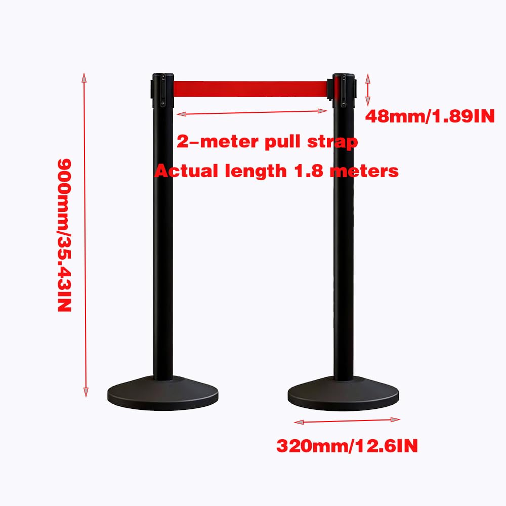 YIDELAI Crowd Control Stanchions Set of 4, Heavy Duty Black Queue Barrier Posts with Retractable Red Belt, Safety Barriers for Events, Retail, Bank, Airport, Theater