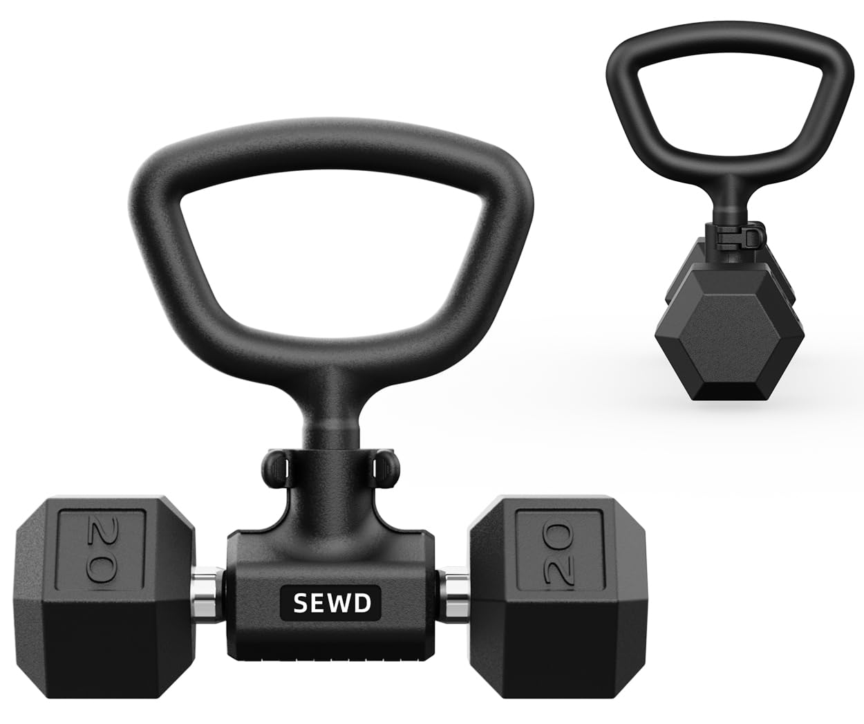 Convert Dumbbells into Kettlebell by SEWD – Adjustable Weights & Up to 220LB Capacity Kettlebell Handle for Weight Lifting, 90-Degree Rotating Handle, Compatible with Dumbbells (max 1.5" handle diameter, min 4.5" handle length）