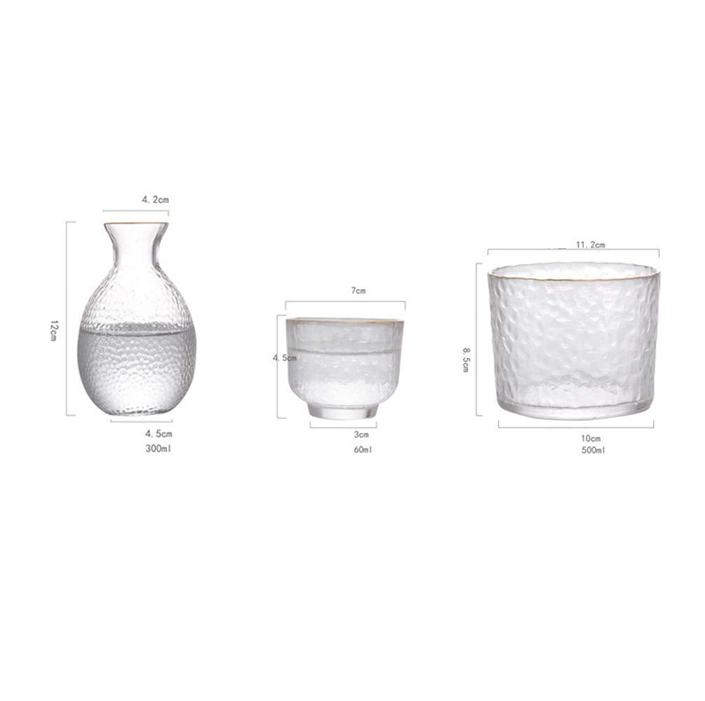 BOLLAER Sake Pot Set, Japanese Cold Sake Glasses, Clear Unique Trendy Floating Design, 1 Sake Carafe Bottle 1 Sake Tank and 4 Saki Cups for Cold/Warm/Hot Sake, Birthday Housewarming Gift Set
