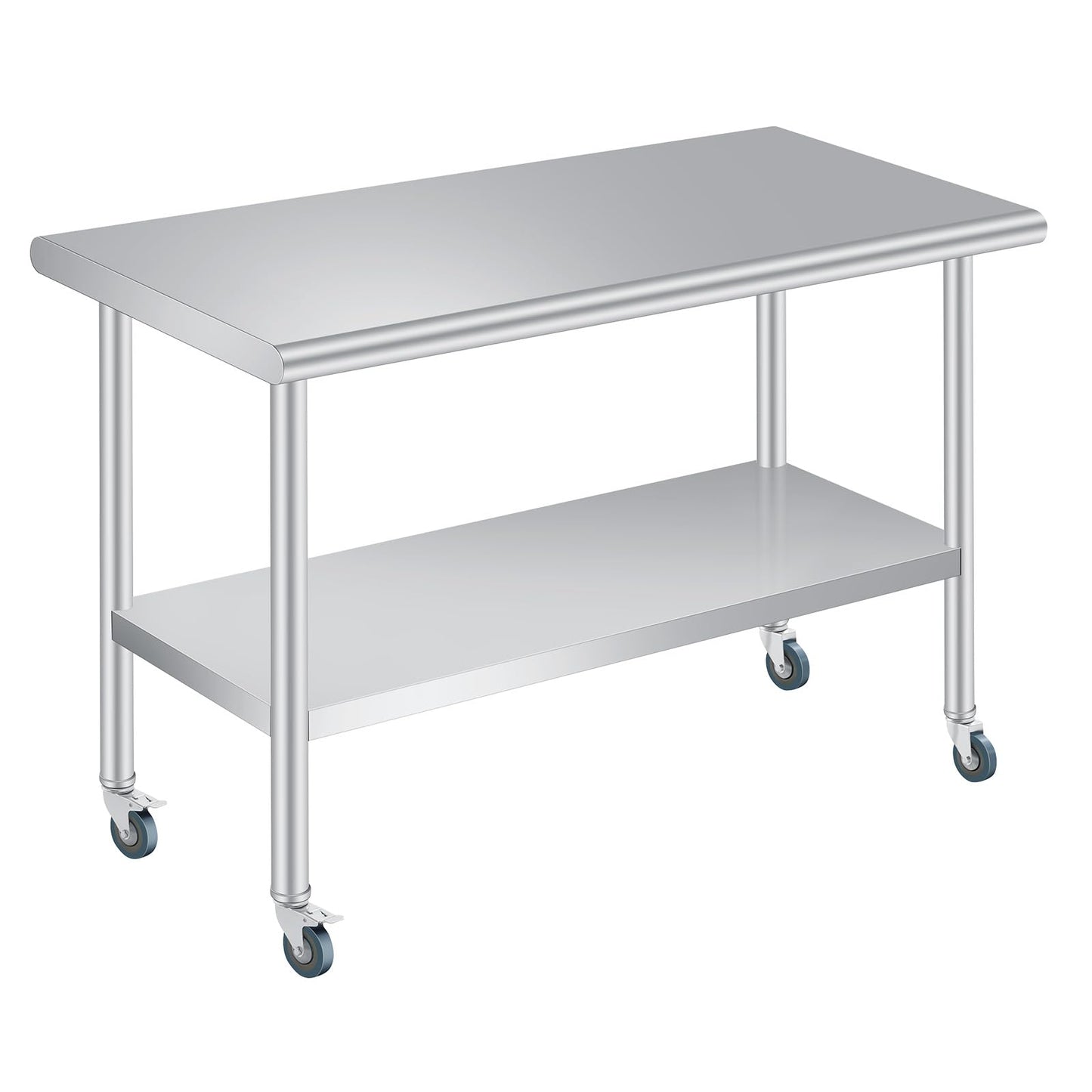  Stainless Steel Prep Table, 24 x 60 Inches Heavy Duty Commercial , with Rounded-Corner, Adjustable Undershelf and 4 Caster Wheels, Heavy Duty Work Table with Adjustable Under Shelf for Outdoor, Res