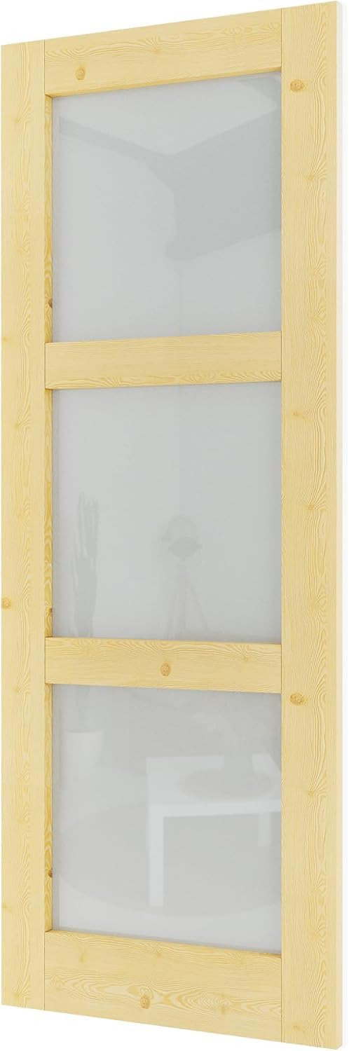 30x80 3-Panel Prebuilt Frosted Glass Wood Door Slab, Sliding Barn Wood Door with Glass, Interior Doors, Solid Natural Pine Panelled Slab, as Storage, Bedroom, Pantry, Laundry Room Doors