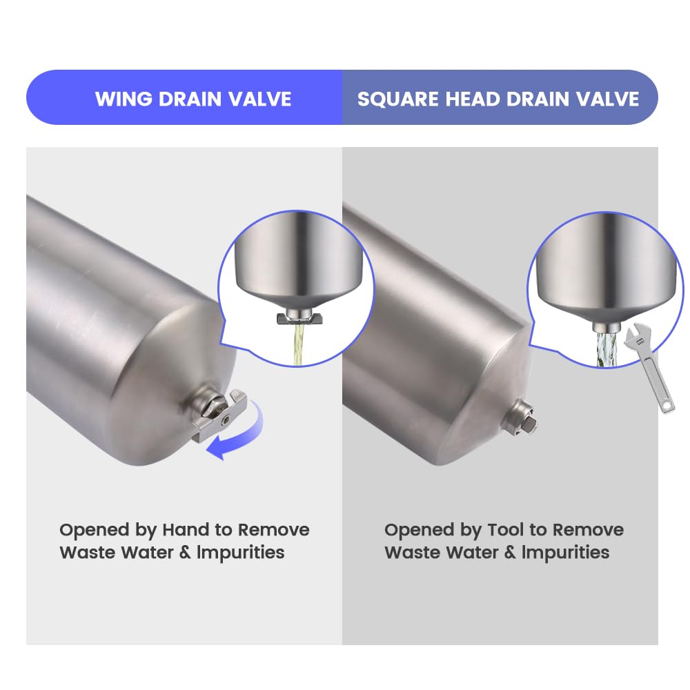 Amwater NSF/ANSI 42 Certification Stainless Steel Filter Housing for 10" Filter Cartridge, 1" NPT Water Filter Housing, Drain Valve Style C (Square Head)