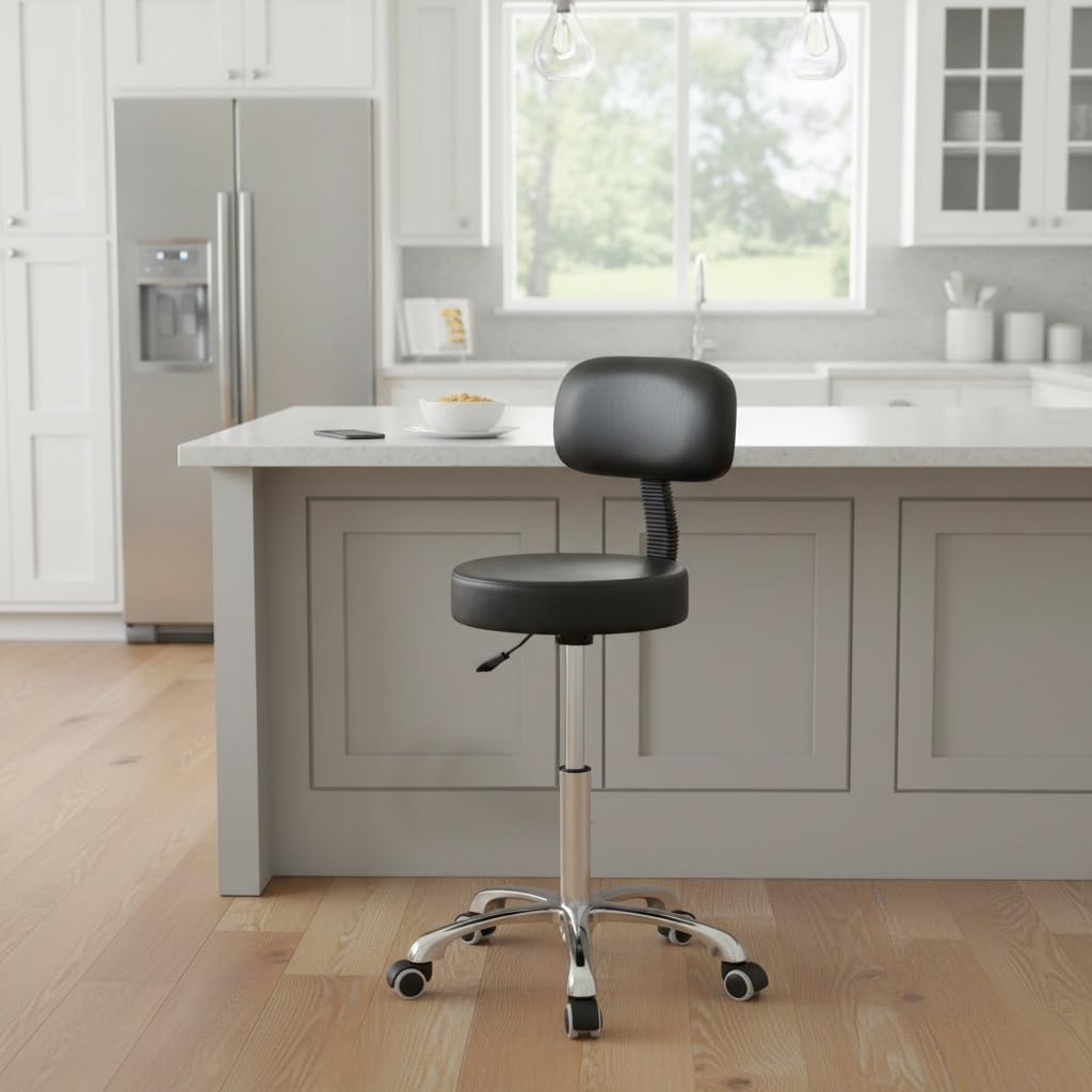 Kaleurrier Rolling Stools with Back Rest, Swivel Adjustable Heavy Duty Stool Chair for Hair Beauty Salon Kitchen Bar Counter Medical Barber Garage Shop Office Use - with Wheels(Black)