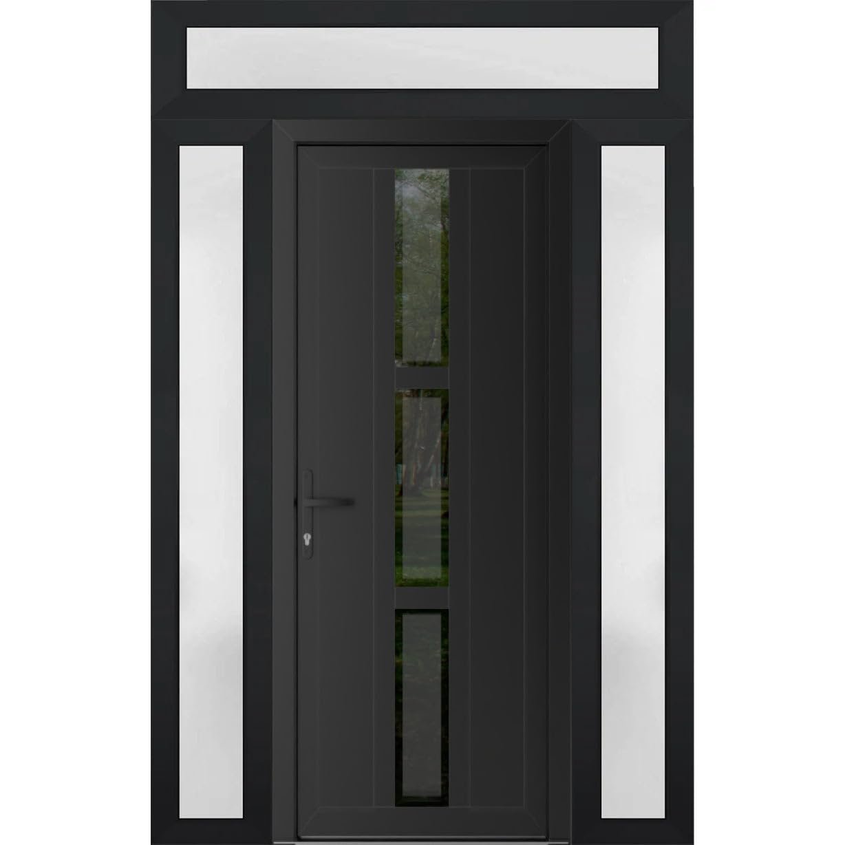 VDOMDOORS Front Exterior Prehung Metal-Plastic Door Frosted Glass | Manux 8112 Matte Black | 2 Side, Top Sidelite Transom | Doors Entrance Patio Garage 68 x 94 (W16+36+16 x H80+14) Right-Inswing