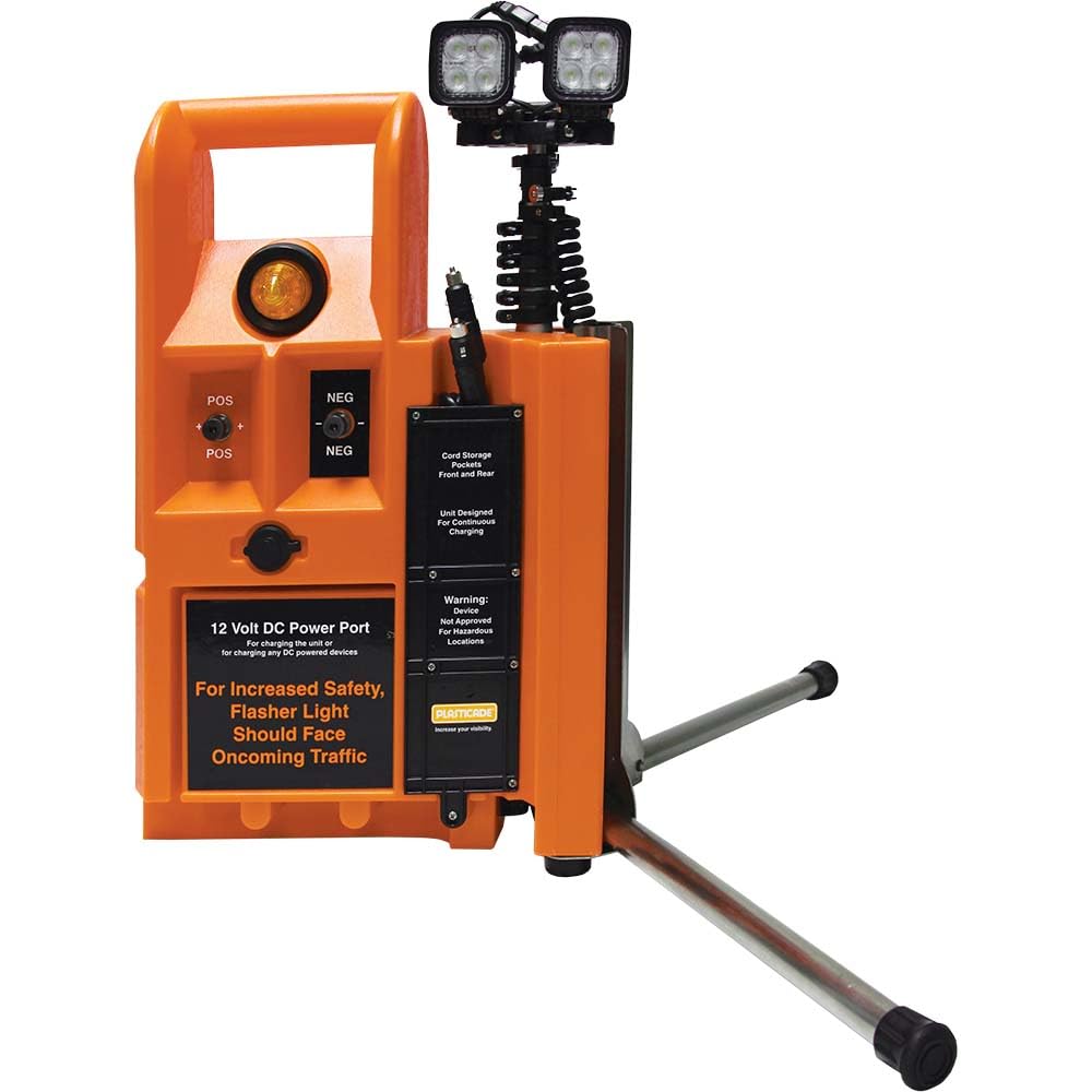 Plasticade Flagger Lighting Station & Work Area Light, 4,000 Lumens, Portable, Waterproof Case, Adjustable Heads, 8-Foot Light Elevation, Temporary Construction in Any Weather