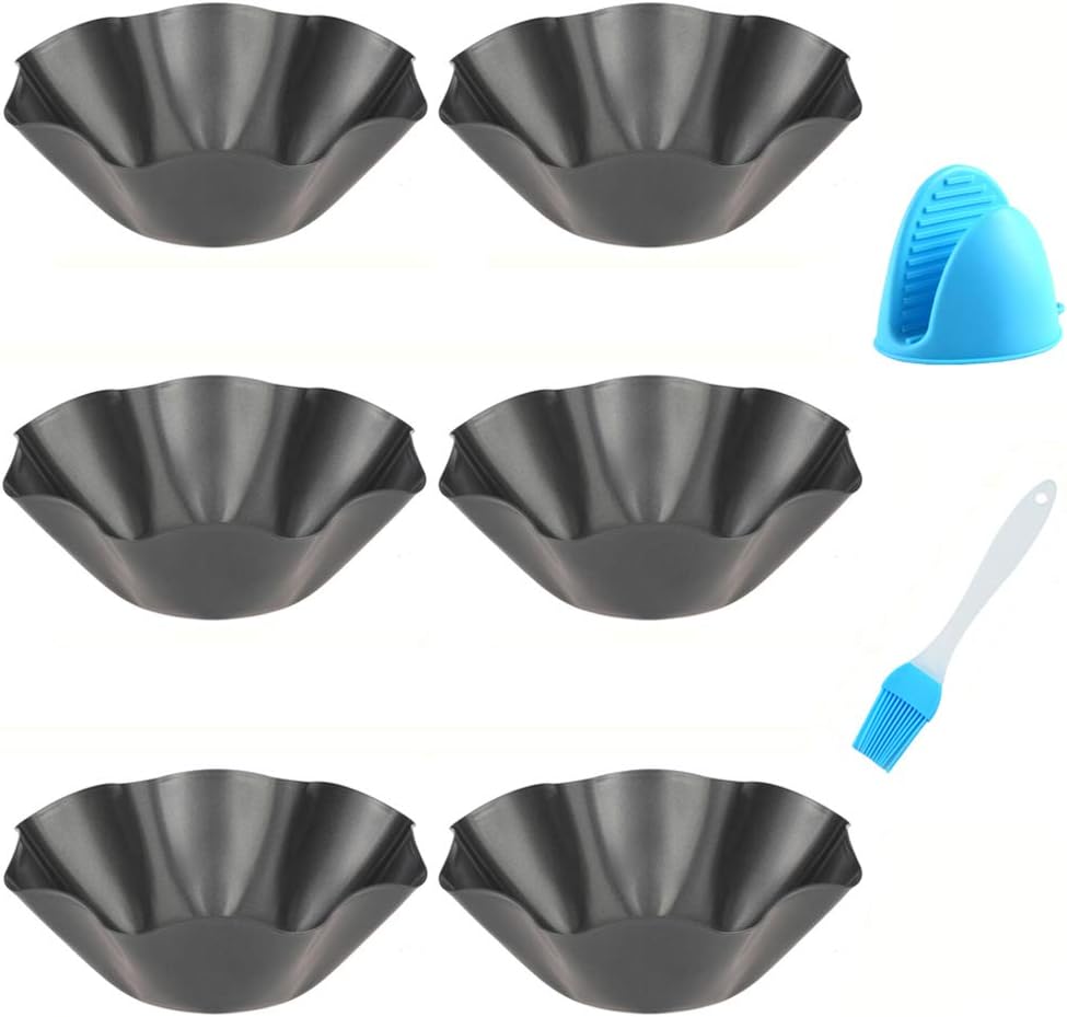 Tortilla Pan Set - 6 Pack Carbon Steel Non-Stick Taco Shell Maker with Silicone Potholder & Basting Brush | Large Black Baking Pans