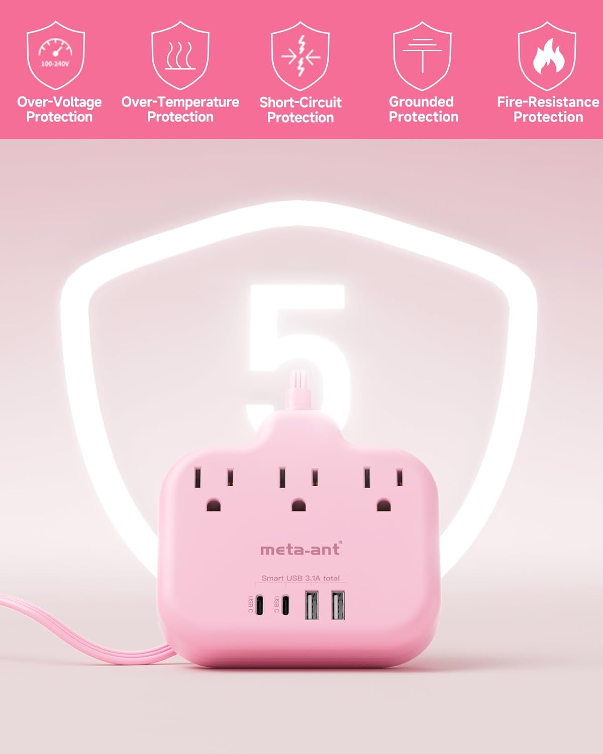 meta-ant 3 4 (2 1625W Pink Extension Cord with AC Outlets & USB Ports USB-C), Pink Desk Accessories, Cute Extension