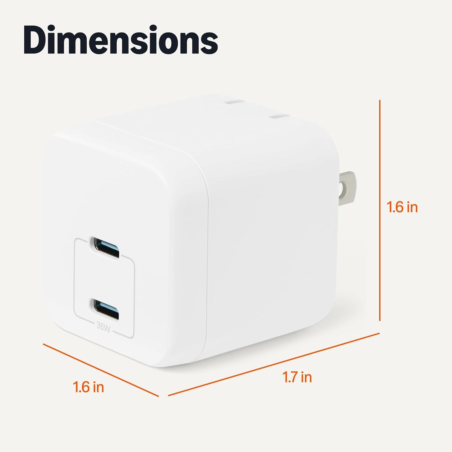 Amazon Basics 35W 2-Port 2 Fast Charging USB-C Nano GaN Wall Charger, for Phones, Tablets, Charge Devices