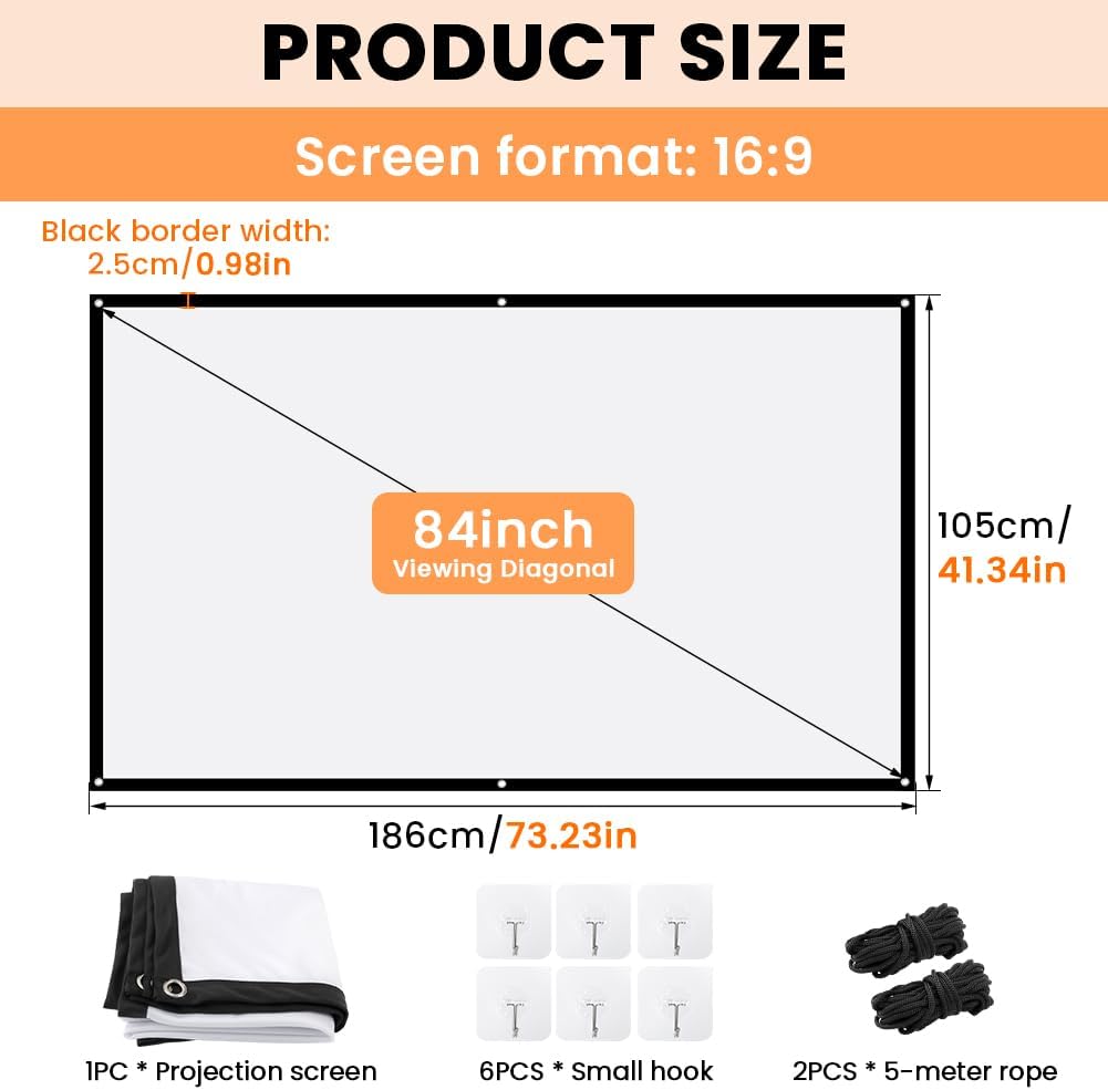 StepOK 16:9 60"|72"|84"|100"|120"|150" (84 inch Projector Screen, White Projector Screen, No Crease Home Theater