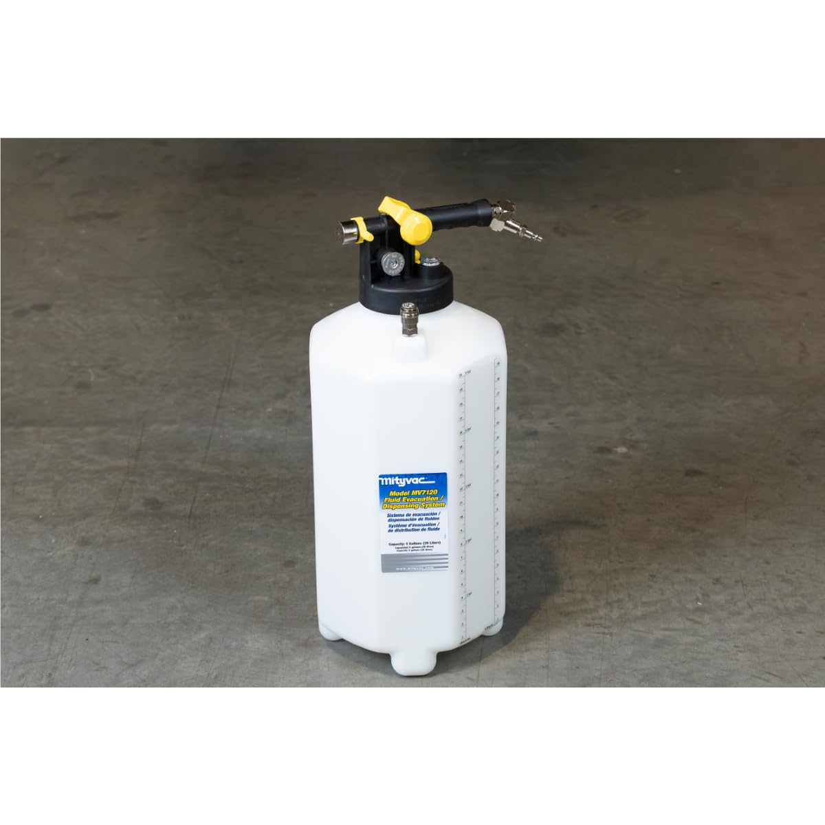 Mityvac MV7120 Fluid Extractor Dispenser for Evacuating, Topping-Off, Refilling Reservoirs or Bleeding Hydraulic Brake/Clutch Systems, 5.3 Gallon, 120 PSI, Compressed Air, Vacuum or Positive Pressure