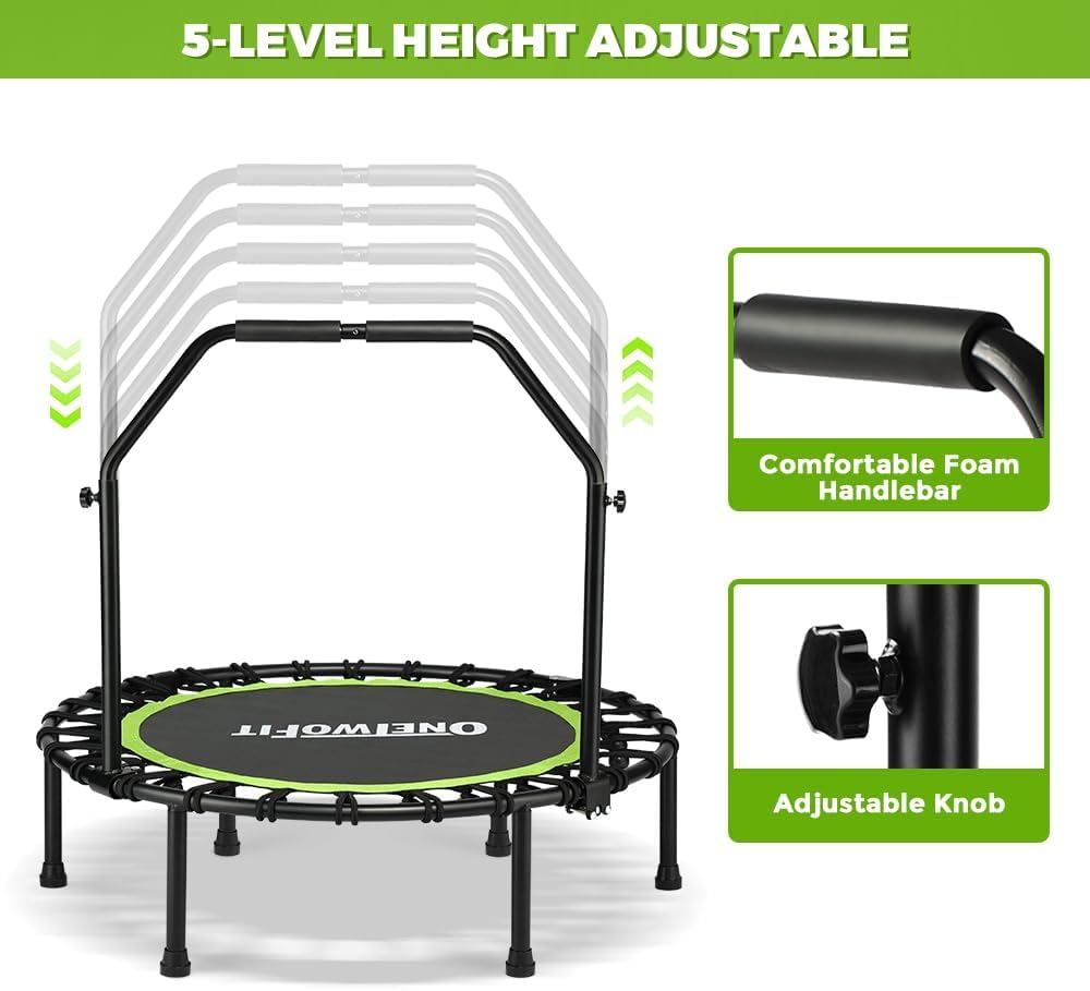 ONETWOFIT Foldable Rebounder Trampoline for Adults, 40/42/45” Mini Fitness Trampoline W/Adjustable Foam Handle Bungees, Quiet Exercise Trampoline for Personal Indoor Workout (45IN-with Handle)