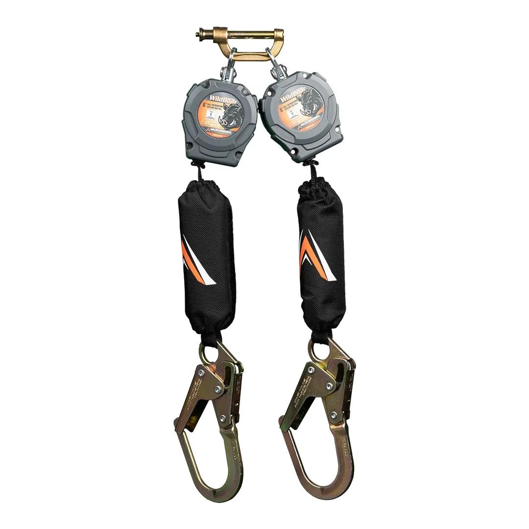 Malta Dynamics Wild Boar 6’ Dual Self Retracting Lifeline – SRL Fall Protection Lanyard with Rebar Hook for Construction Site Safety, OSHA and ANSI Compliant