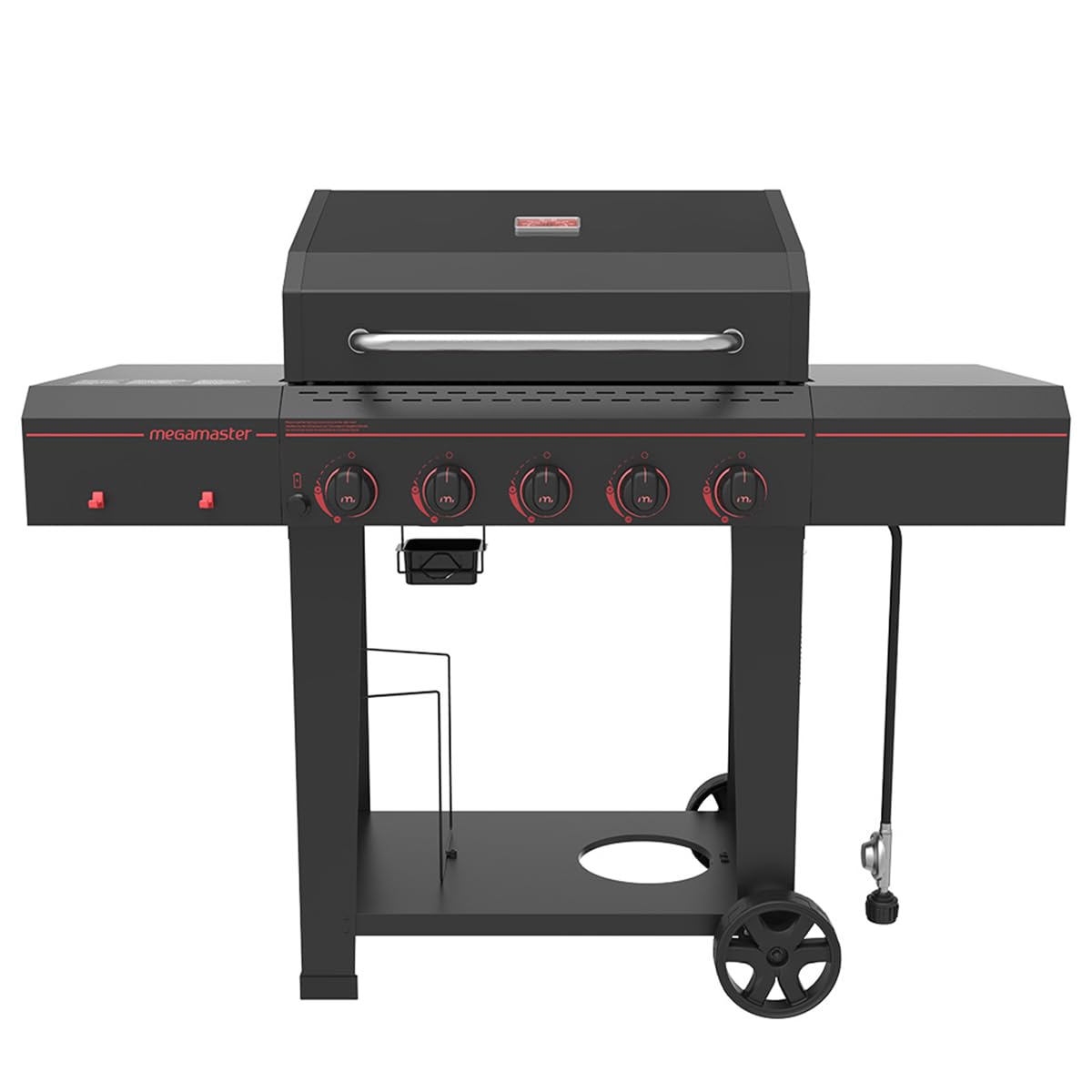 Megamaster 5-Burner Propane Gas Grill with Side Tables, Accessory Hooks, 50,000 BTUs, 656 SQ. In. Cooking Space, 2 Wheel Transport, Outdoor Kitchen Grill for BBQs, Backyards, and More - 720-0982