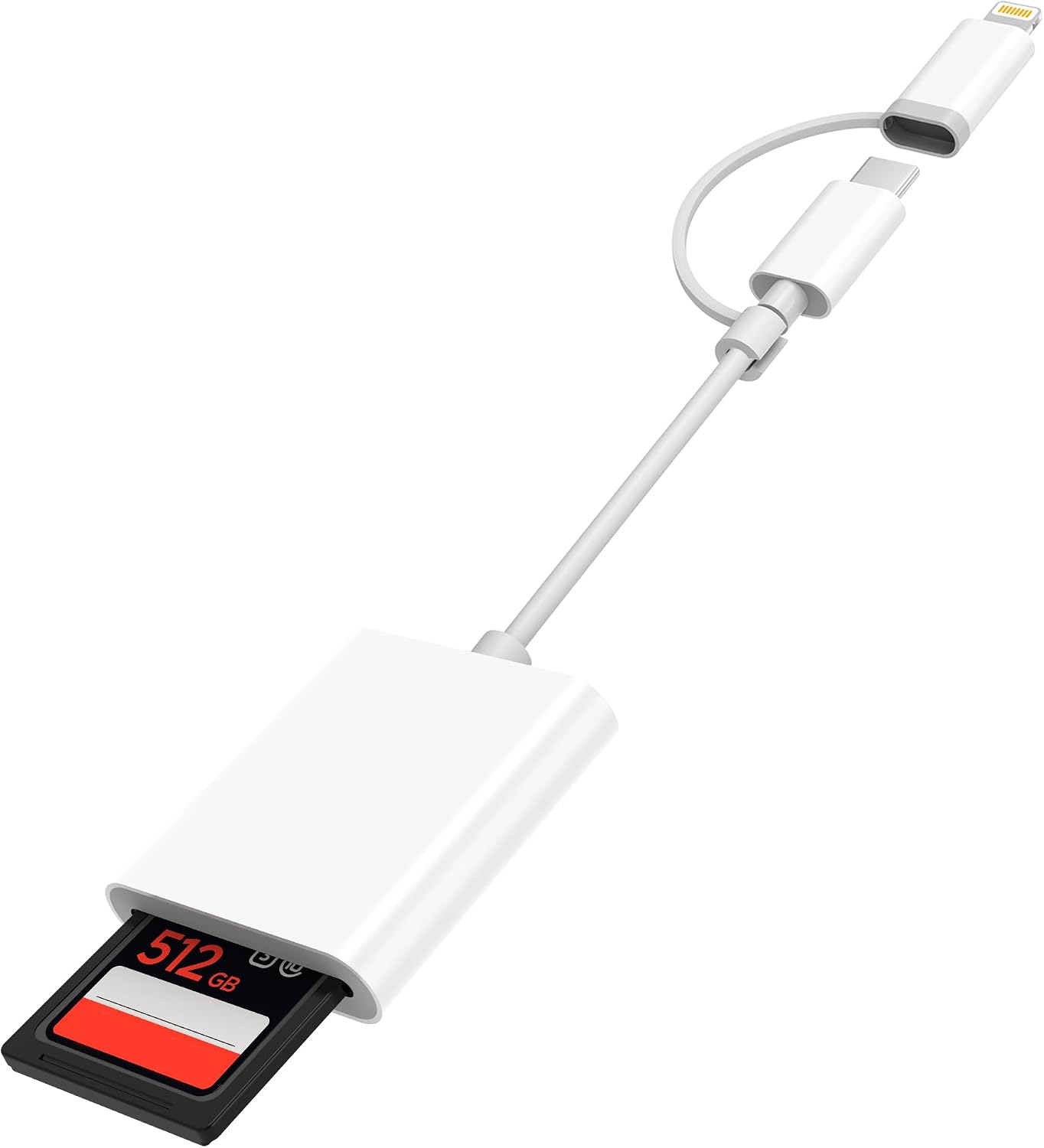 DCNETWORK SD Card Reader for iPhone iPad, Dual USB-C & Lightning Connector Memory SD Card Adapter, Support SD/MicroSD