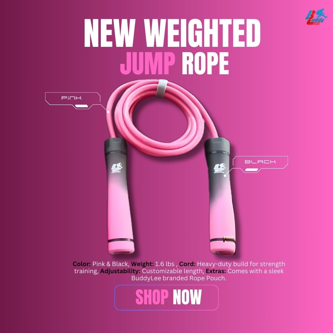 Buddy Lee Weighted Jump Rope 1.6 lbs – Heavy Duty PVC Fitness Jump Rope for Adults with Adjustable Length & Carry Pouch (Black/Pink)