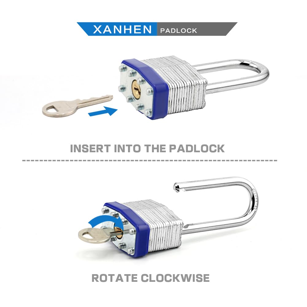 Lock Outdoor Padlocks, Key Lock, Padlocks with Same Key - Laminated Steel Keyed Padlocks with Long Shackle, 6 Pack, for Hasp Latch, Sheds, Fences, Storage Locker, School, Gym