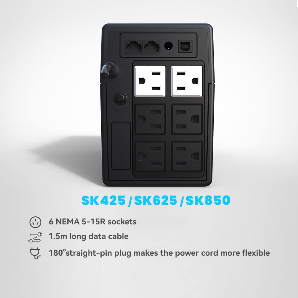 SKE SK625 625VA/360W UPS Battery Backup & Surge Protector - Uninterruptible Power Supply with LCD Display, AVR Voltage Regulation, 6 Outlets, Backup Power for PC, Router, NAS & Home Office