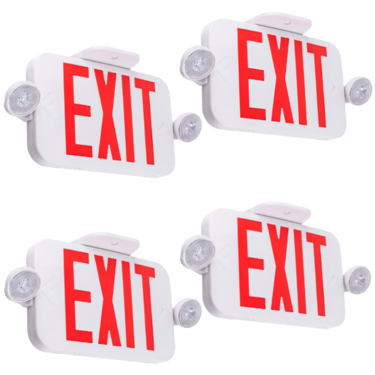 LIT-PaTH LED Combo EXIT Sign with 2 Adjustable Head Lights and Double Face, Back Up Batteries- US Standard Red Letter Emergency Exit Lighting, UL 924 and CEC Qualified, 120-277 Voltage, 4-Pack