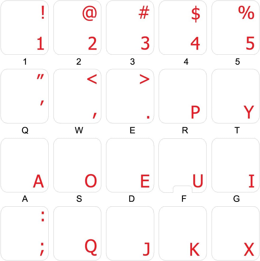 4Keyboard Dvorak Simplified Keyboard Stickers with RED Lettering ON Transparent Background