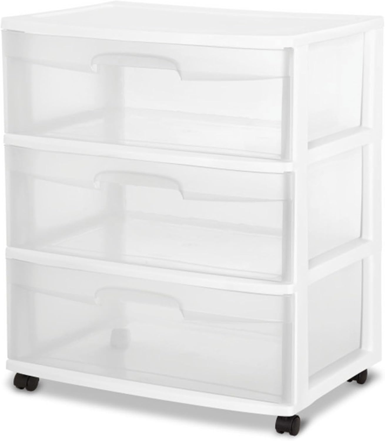 Sterilite Wide 3 Drawer Storage Cart - Rolling Plastic Organizer with Wheels | White & Clear Drawers